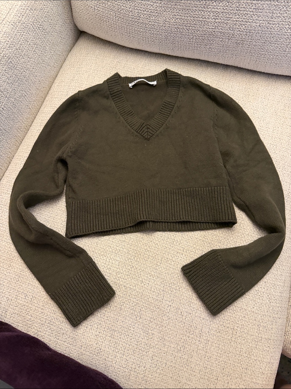 Zara Olive V-Neck Cropped Women's Sweater